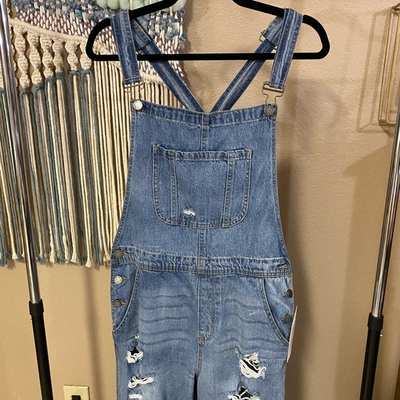 Black Label Distressed Medium Wash Overalls - Picture 2 of 6